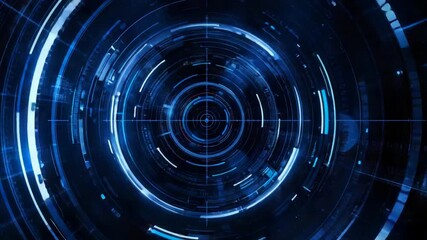 Futuristic blue digital HUD interface with concentric circles and data streams in a dark environment - Powered by Adobe