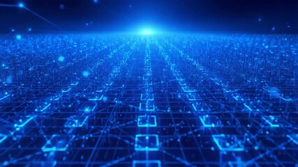 Expansive digital grid with glowing blue squares and lines receding into a bright light source abstract - Powered by Adobe