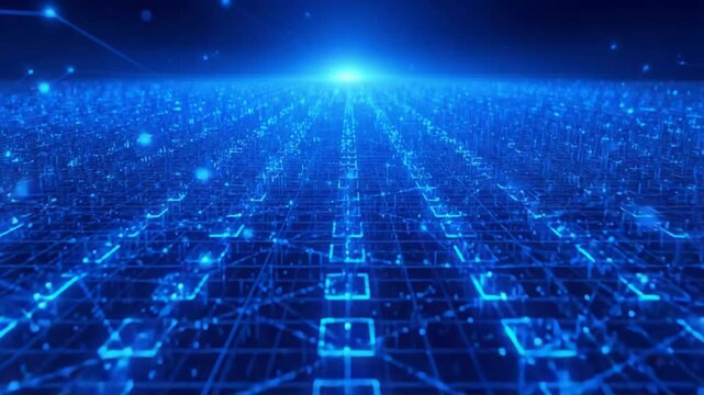Expansive digital grid with glowing blue squares and lines receding into a bright light source abstract