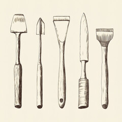 Hand-drawn vintage garden tools illustration displayed on a light background