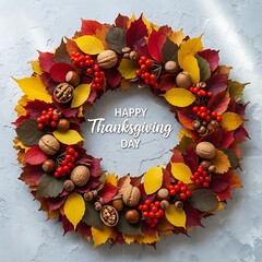 Bountiful Autumn Harvest Wreath Adorned with Rich Foliage, Berries, and Nuts, Featuring a Warm Happy Thanksgiving Day Message