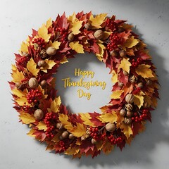 Autumn Thanksgiving Wreath Decorated with Fall Leaves, Berries, and Nuts for Seasonal Celebration