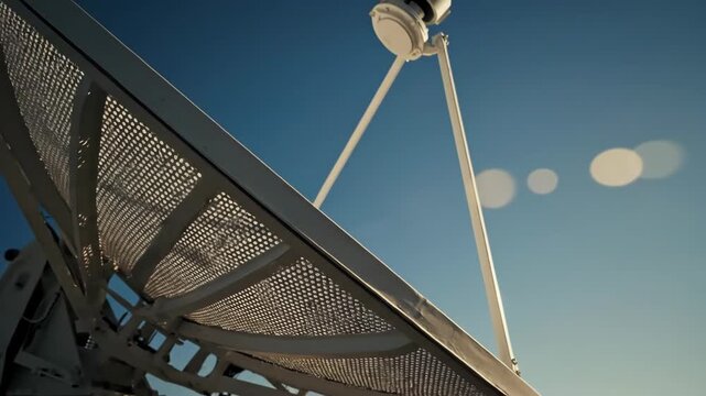 Closeup of satellite antenna dish with mesh surface and metal frame against blue sky. Wireless communication technology for 5g networks and internet connectivity. Sun flares highlighting modern