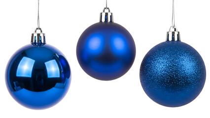 Fototapeta premium Three Blue Christmas Ornaments Hanging bauble decoration