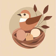 Stylized illustration of a bird standing in a nest with eggs and leaves

