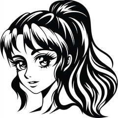 Manga girl with large eyes gazes forward; her styled hair is mostly in a ponytail
