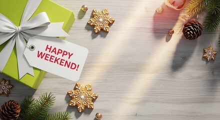 Festive gift box with a 'Happy Weekend!' tag, surrounded by pine branches and gingerbread cookies, a top-down view