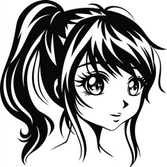 Young girl with big eyes looks ahead in a manga style monochrome portrait