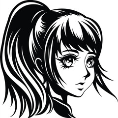 Manga girl with ponytail and bangs displays large expressive eyes, created in monochrome