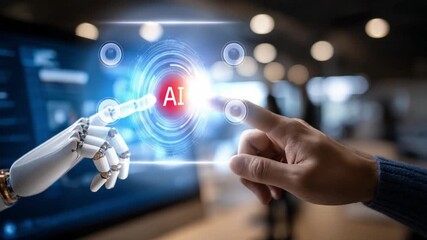 AI Technology Interaction: A human hand and a robotic arm touch a screen displaying AI, symbolizing the synergy between humans and artificial intelligence in a futuristic setting. - Powered by Adobe