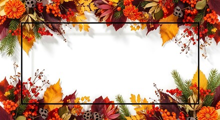 Beautiful fall season frame with bright red, orange, and yellow foliage, surrounded by natural elements like berries and pine branches, creating an elegant seasonal invitation backdrop
