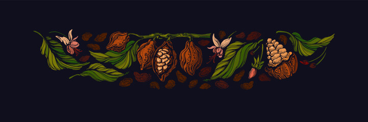 Cocoa border. Dark chocolate. Tropical color print