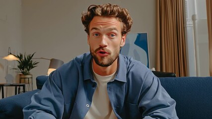 Confident Communication: A man exudes confidence while sitting on a sofa, ready to engage in conversation, captured in a shot that embodies modern communication.