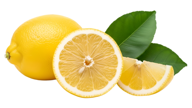 Whole Lemon, Half Lemon, and Slice with Leaves citrus