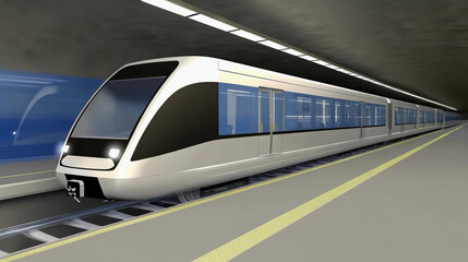 Futuristic train design at a modern underground station platform
