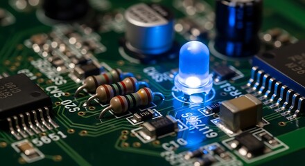 Close-up of a glowing blue LED on a complex electronic circuit board.