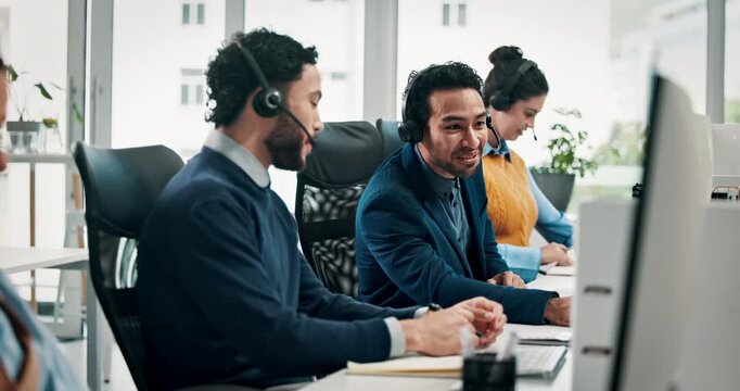 Computer, discussion and laugh with business people in call center for system integration or orientation. Advice, contact us and hotline with employee team in customer service office for support