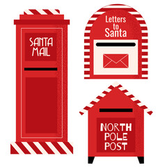 Flat Christmas vector set with Santa mailboxes, letters, envelopes, and mailbag. Festive North Pole post collection perfect for holiday cards, decorations, posters, stickers, and seasonal designs.