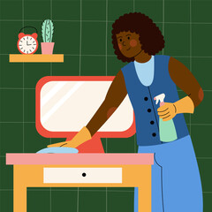 Woman cleaning her room. Home care, housekeeping and daily routine concept. Perfect for blogs, tutorials, apps, posters, guides and lifestyle designs.