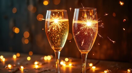 Two glasses sparkling champagne toast festive bubbles warm glowing sparkler