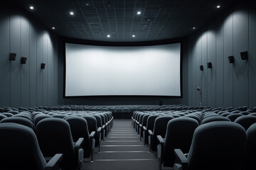 Fototapeta premium Empty cinema with red seats and large screen for movie or entertainment background 
