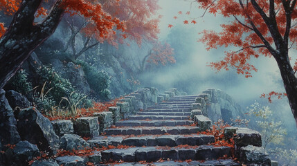 Stunning autumn landscape featuring stone steps leading through colorful maple trees and mist