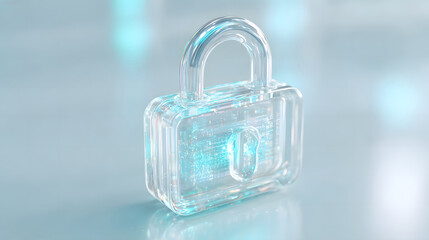 Clear Glass Padlock Symbolizing Data Security and Cyber Protection with Futuristic Light Effects Against a Light Blue Backdrop representing Technology and Digital Shielding