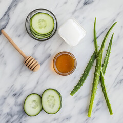 Natural skincare ingredients including cucumber slices, aloe vera, honey, and coconut cream on a marble surface
