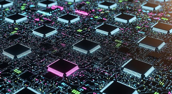 Close-up view of a futuristic circuit board with glowing microchips and intricate connections, symbolizing advanced technology and computing power.
