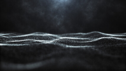 Futuristic black and white dot wave. Abstract digital particle wave. Technological background. Dark background. Digital background with smooth wavy curves. 3D rendering