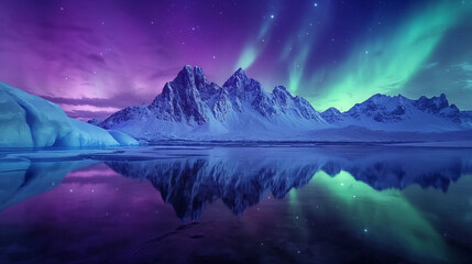 Breathtaking night landscape featuring the northern lights over snow-covered mountains and reflective water