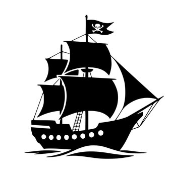 Black silhouette of a pirate ship with skull flag, adventure theme, detailed design copy space