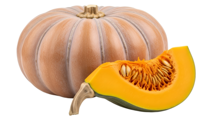 Whole pumpkin and slice with seeds on black background