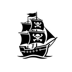 Black silhouette of a pirate ship with skull and crossbones flags, adventurous theme, bold design copy space