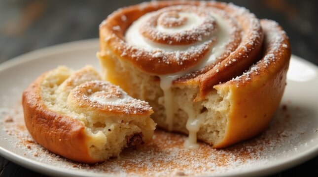 Warm cinnamon roll with melting cream glaze and walnut crunch