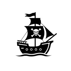 Stylized silhouette of a pirate ship with skull and crossbones flag, adventurous theme, bold design copy space