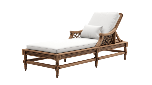 Elegant wooden chaise lounge with white cushions and an adjustable backrest, perfect for luxurious outdoor relaxation or poolside comfort. background removed