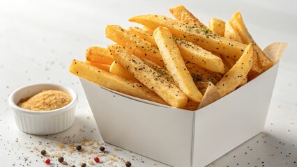 Golden seasoned french fries ready to enjoy with dipping sauce for fast food cravings and delicious comfort food moments in a modern setting
