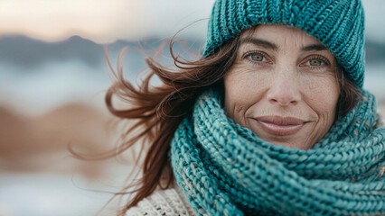 Happy middle-aged woman portrait wearing teal chunky knit hat and scarf, smiling outdoors with windswept hair on a cold winter day, showcasing natural mature beauty.