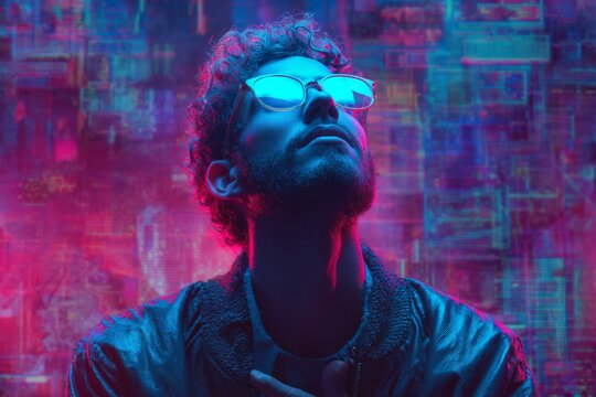 Cool Man in Stylish Sunglasses Surrounded by Neon Lights and Programming Elements at a Vibrant Stage