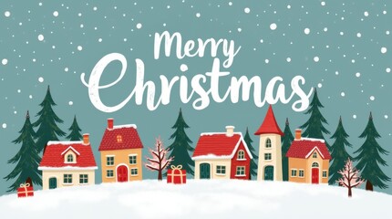 Whimsical Merry Christmas typography over snowy village houses pine trees gifts