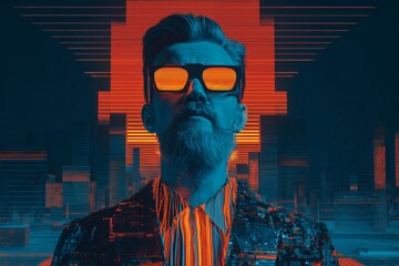 Cool Digital Avatar With Neon Lights and Programming Elements in Vibrant City Background at a Modern Tech Event