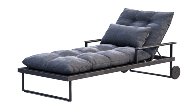 Modern charcoal gray outdoor chaise lounge with textured cushions, adjustable backrest, armrests, and wheels, isolated on a transparent background. background removed