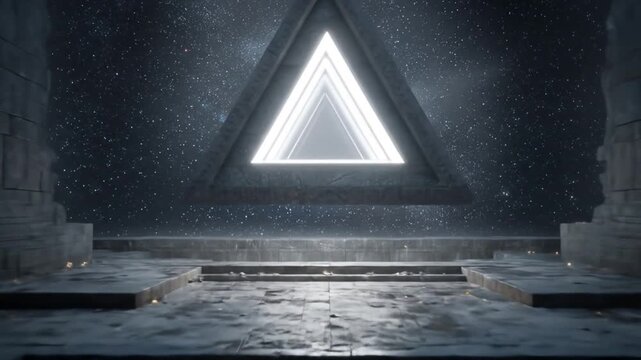 Glowing triangular portal in a dark, mysterious ancient chamber with atmospheric falling particles, futuristic sci-fi fantasy gateway