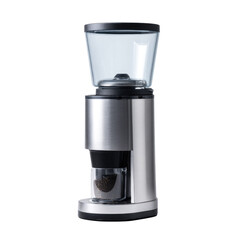 A modern electric coffee grinder in brushed silver, with clear hopper and collection bin, processing beans on a transparent background. background removed