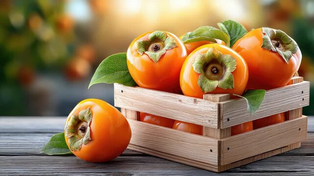 Ripe persimmons with green leaves are arranged in a wooden crate, sitting on a gray table, with a blurred orchard in the background, suggesting a recent harvest during autumn