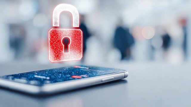 Cyber Security: A smartphone levitates, protected by a digital padlock symbol, illustrating the shield against data breaches and hacks in a technology-driven age.