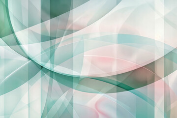 Obraz premium Soft abstract background featuring flowing mint green and pale pink waves with translucent geometric shapes, modern digital art wallpaper for creative design projects