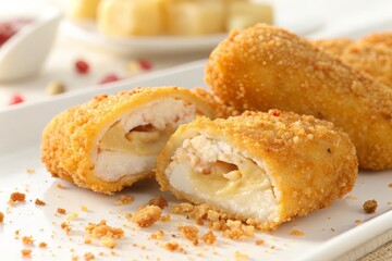 Crispy golden-brown croquettes filled with creamy cheese create a mouthwatering temptation, perfect for food blogs, menus, or delicious food advertisements