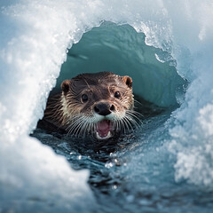 Playful otter with joyful expression swimming through ice cave in a winter landscape